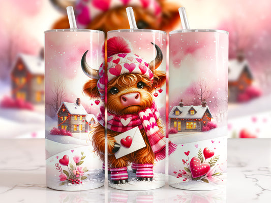 Cute, Baby Highland Valentine Cow with love letter 20oz. tumbler straw and lid