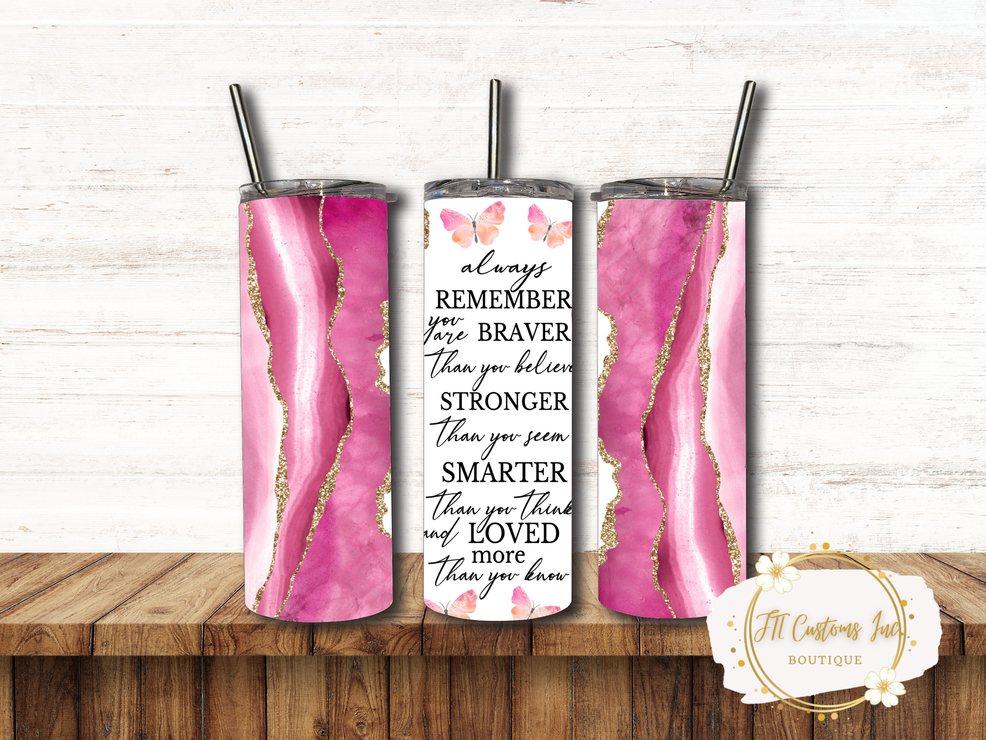 Always remember you are braver and stronger than you belive pink tumbler. Motivational, gift for her, pink and white marble with gold accents , stainless steel, drinkware